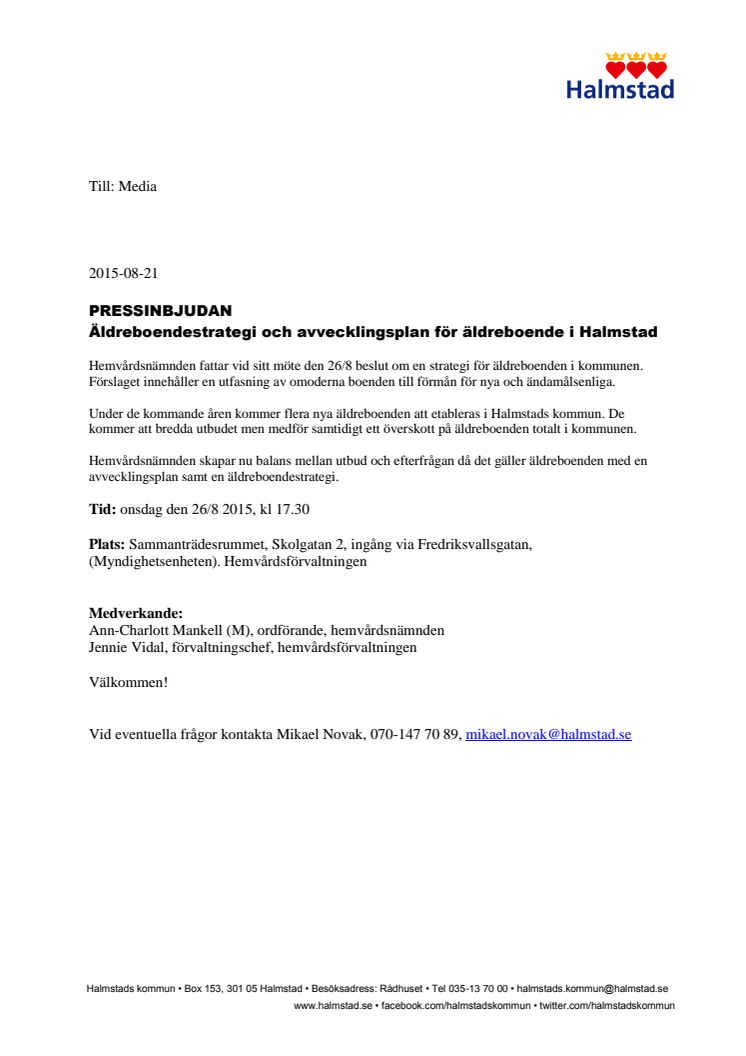 Pressinbjudan: Äldreboendestrategi och avvecklingsplan för äldreboende i Halmstad