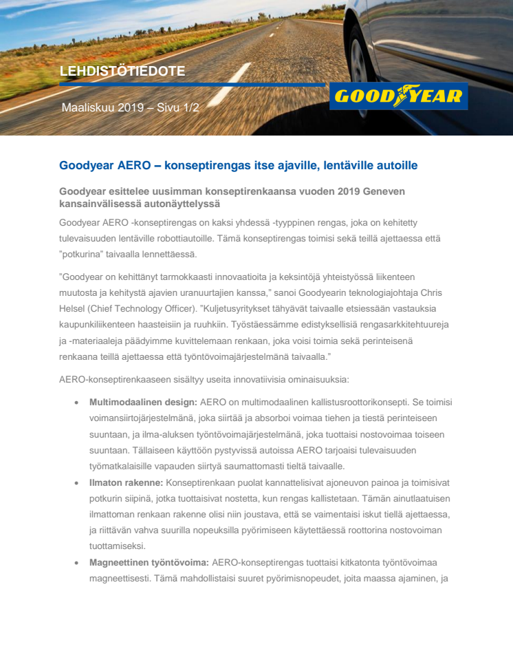 Goodyear AERO – konseptirengas itse ajaville, lentäville autoille 