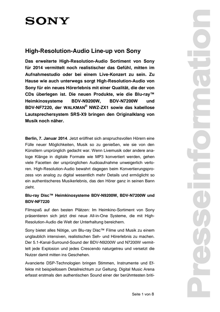 High-Resolution-Audio Line-up von Sony