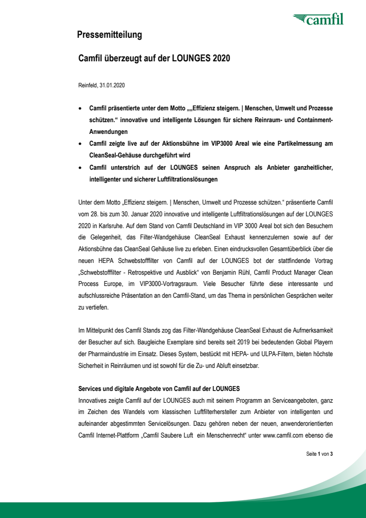 Camfil überzeugt auf der LOUNGES 2020