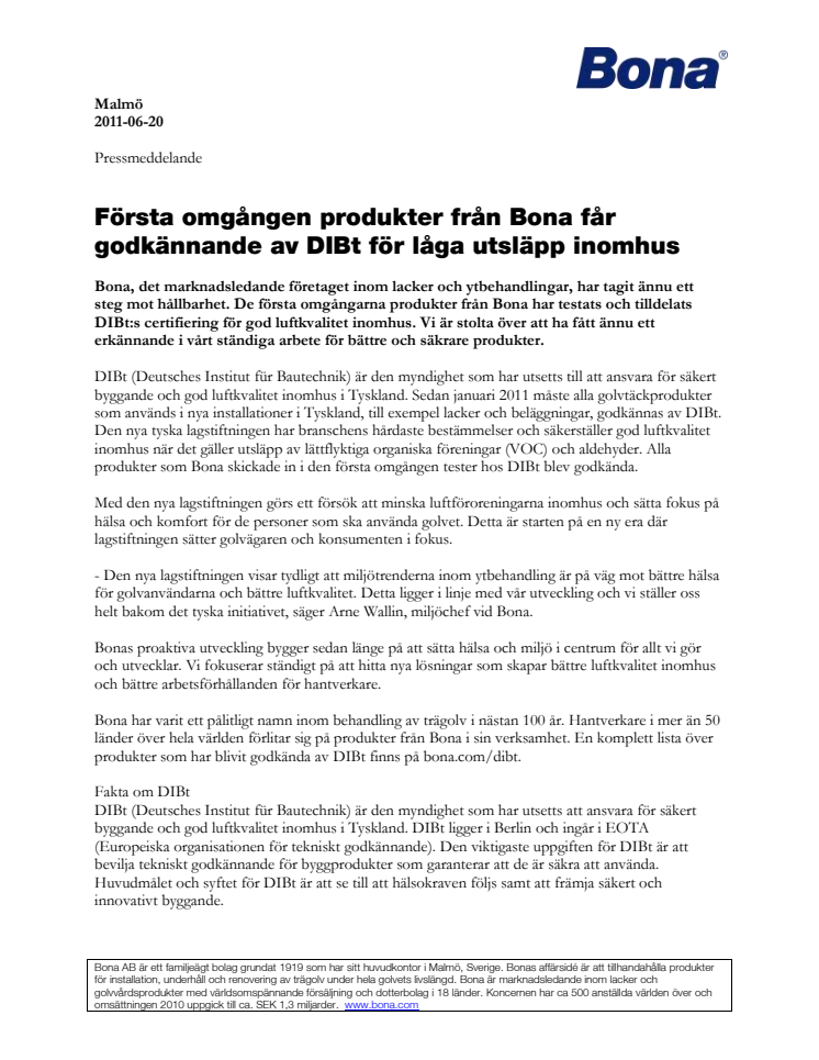 Första omgången produkter från Bona får godkännande av DIBt för låga utsläpp inomhus