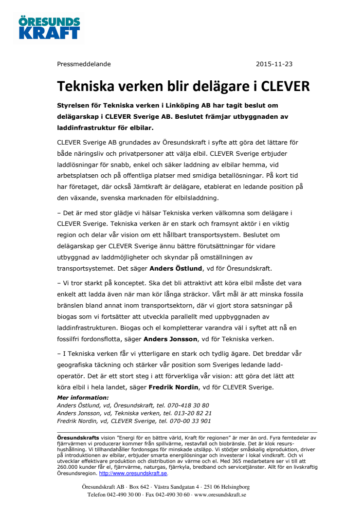 Tekniska verken blir delägare i CLEVER 