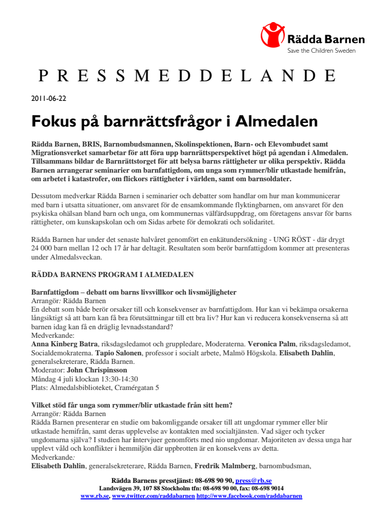 Fokus på barnrättsfrågor i Almedalen