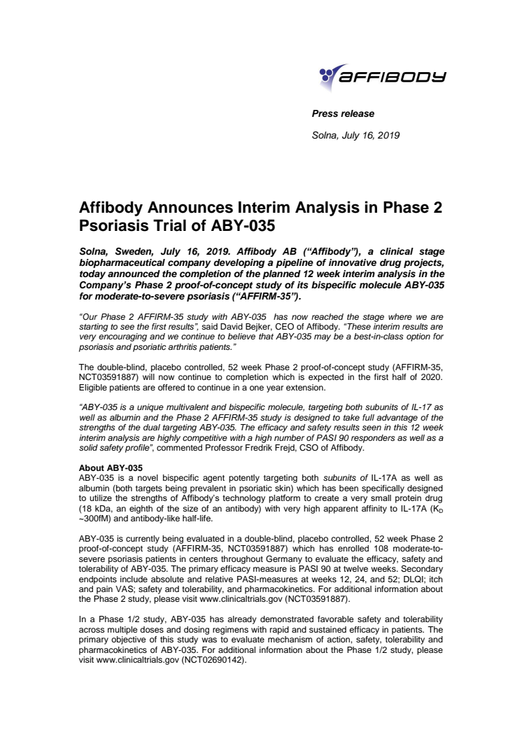 Affibody Announces Interim Analysis in Phase 2 Psoriasis Trial of ABY-035