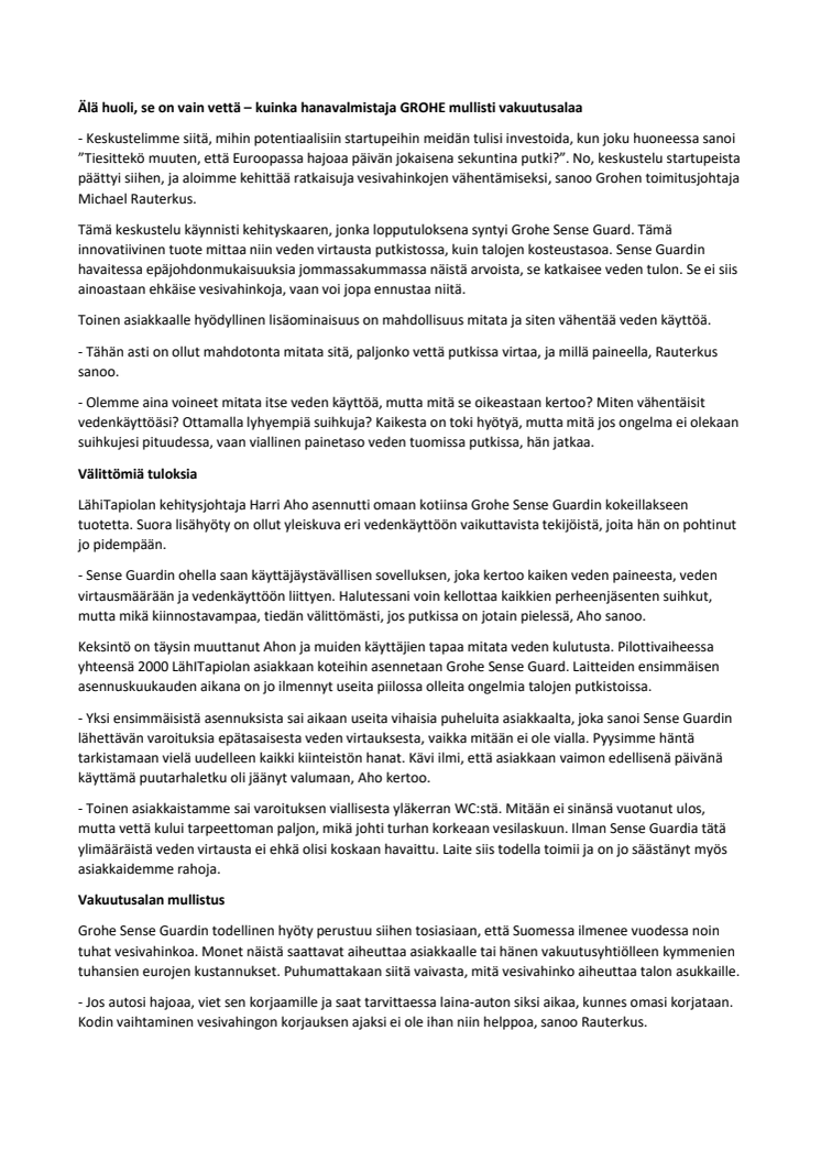 Hanavalmistaja GROHE mullistaa vakuutusalaa