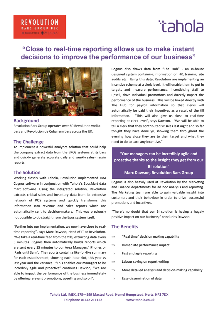 Revolution Bars implement powerful analytics solution provided by Tahola