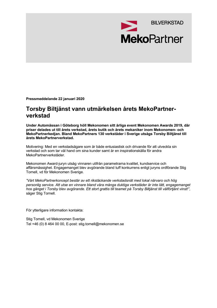 Torsby Biltjänst vann utmärkelsen årets MekoPartnerverkstad