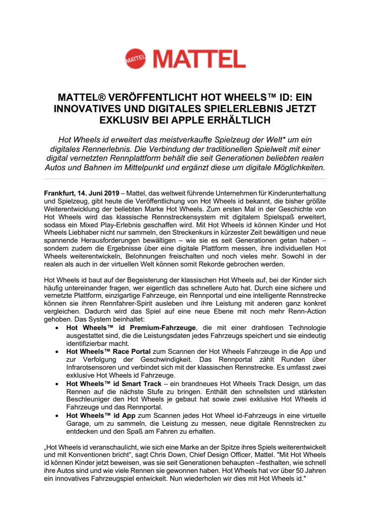 Mattel® veröffentlicht HOT WHEELS™ ID: Ein innovatives und digitales Spielerlebnis jetzt exklusiv bei Apple erhältlich