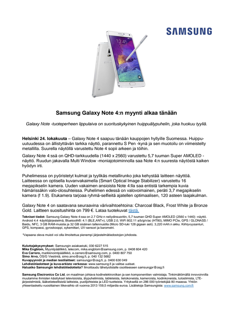Samsung Galaxy Note 4:n myynti alkaa tänään