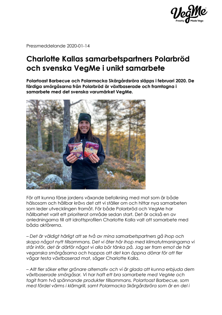 Charlotte Kallas samarbetspartners Polarbröd och svenska VegMe i unikt samarbete