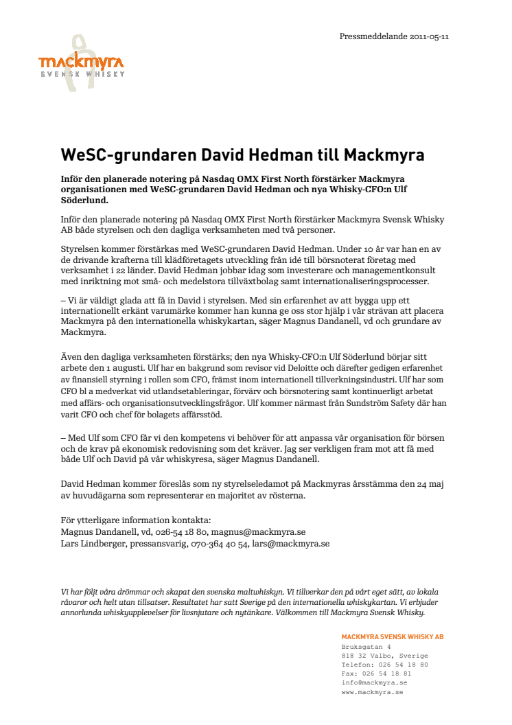 WeSC-grundaren David Hedman till Mackmyra
