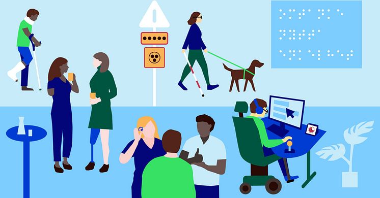 Personer med funktionsvariationer i tillgänglig miljö. Hjälpmedel som rullstol, ledarhund, hörapparat, benprotes, punktskrift
