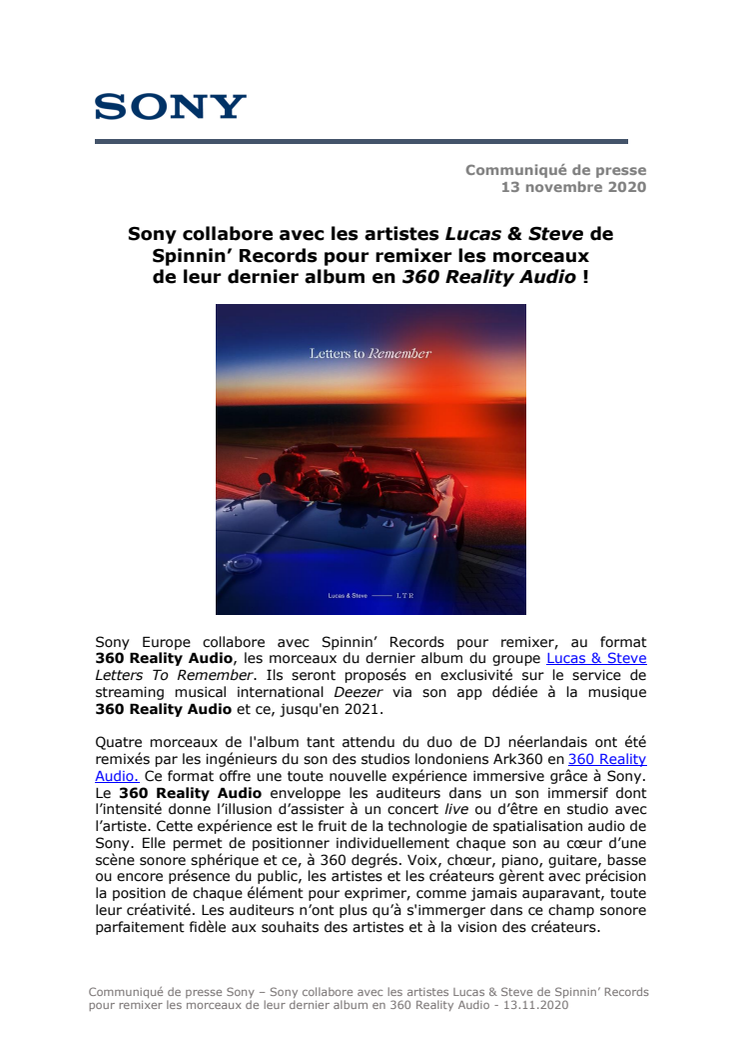 Sony collabore avec les artistes Lucas & Steve de Spinnin’ Records pour remixer les morceaux  de leur dernier album en 360 Reality Audio !