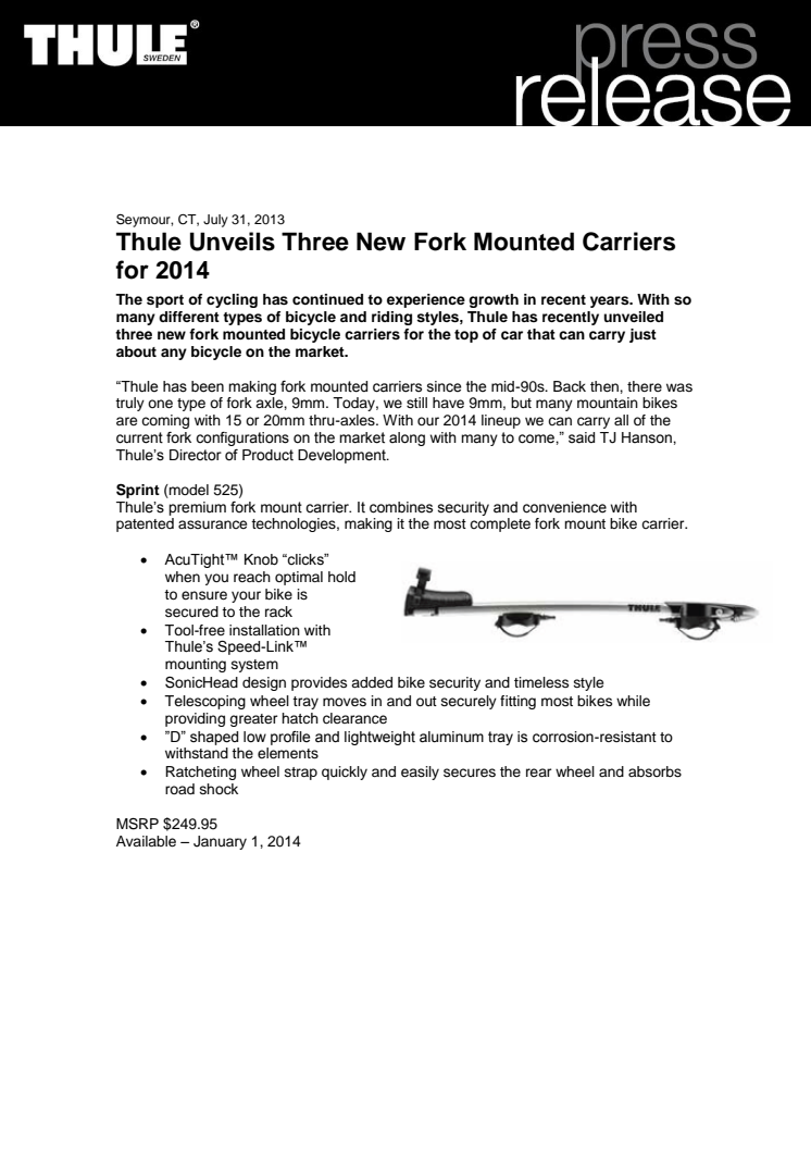 Thule Unveils Three New Fork Mounted Carriers for 2014