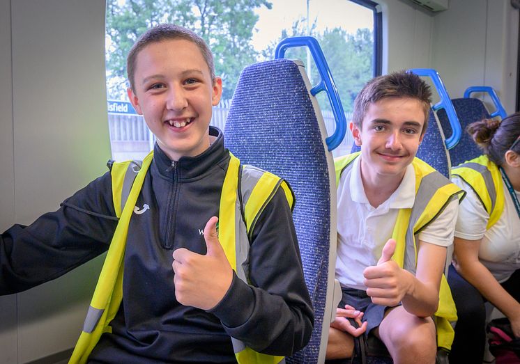 Enjoying the Thameslink trip are two students both named Joshua
