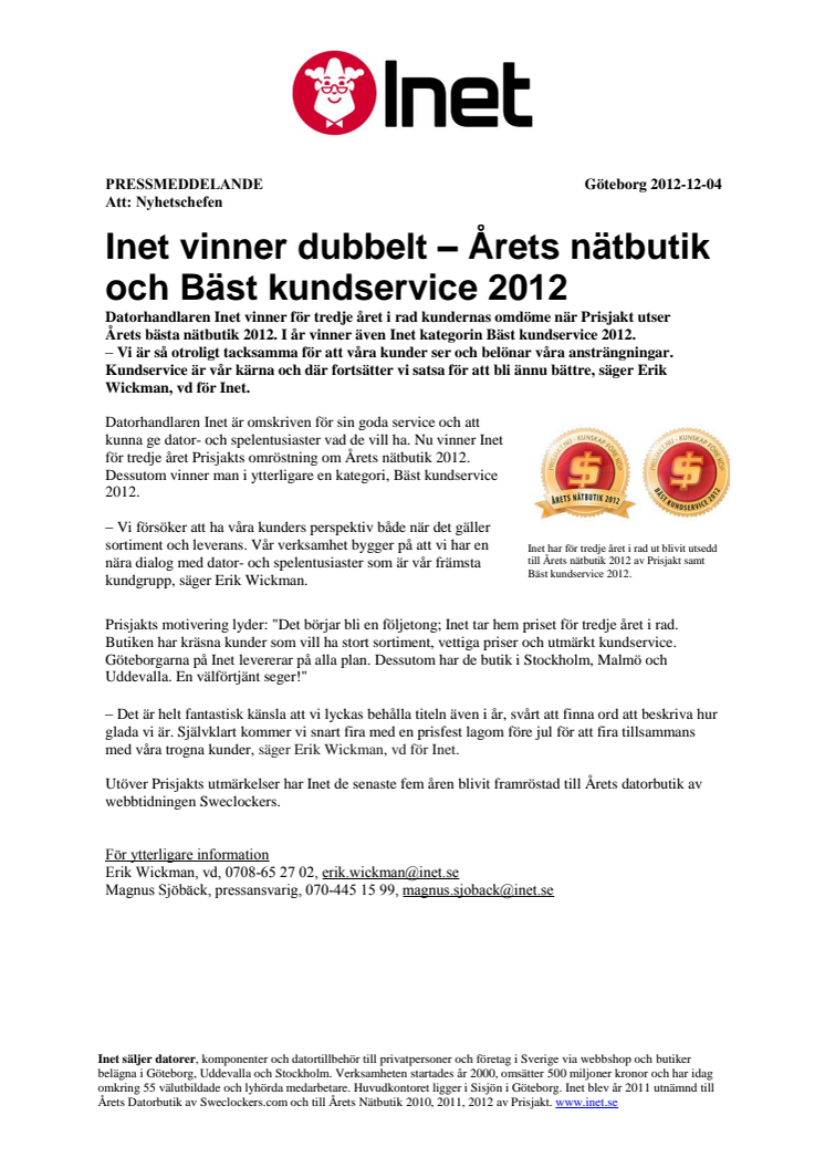 Inet vinner dubbelt – Årets nätbutik och Bäst kundservice 2012