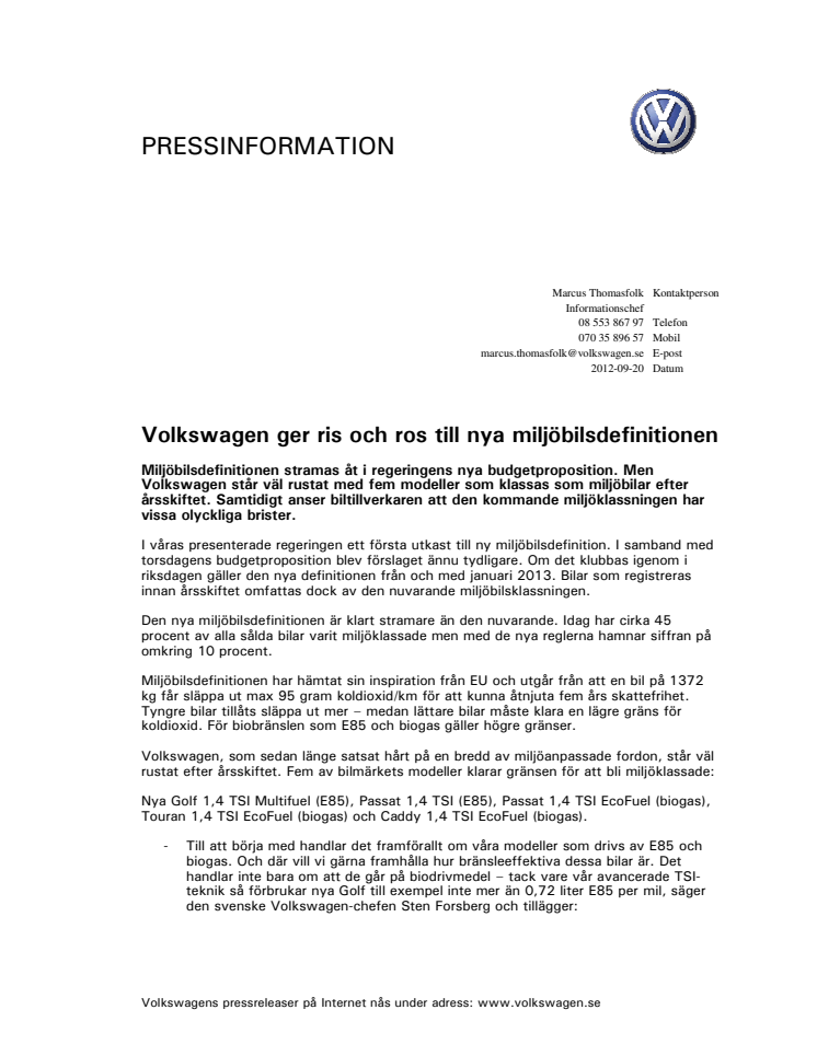 Volkswagen ger ris och ros till nya miljöbilsdefinitionen