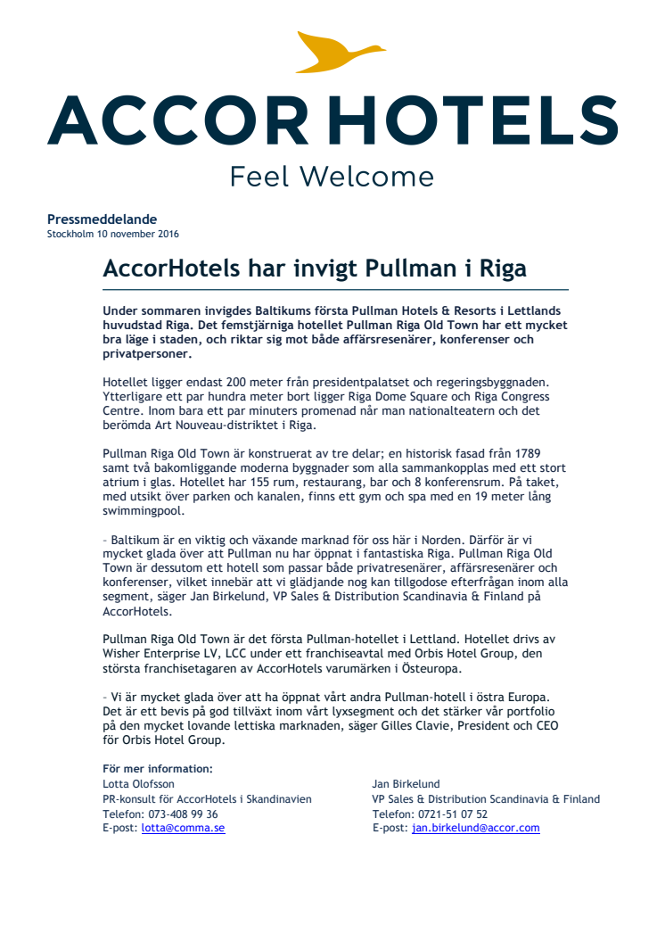 AccorHotels har invigt Pullman i Riga