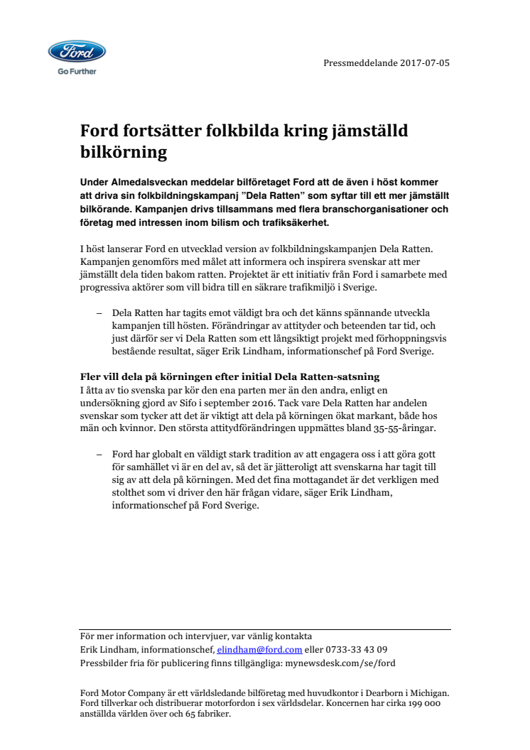 Ford fortsätter folkbilda kring jämställd bilkörning