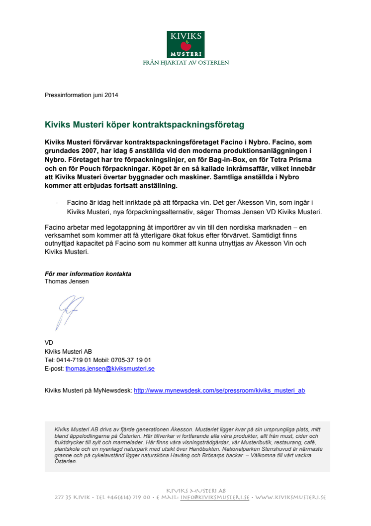 Kiviks Musteri köper kontraktspackningsföretag