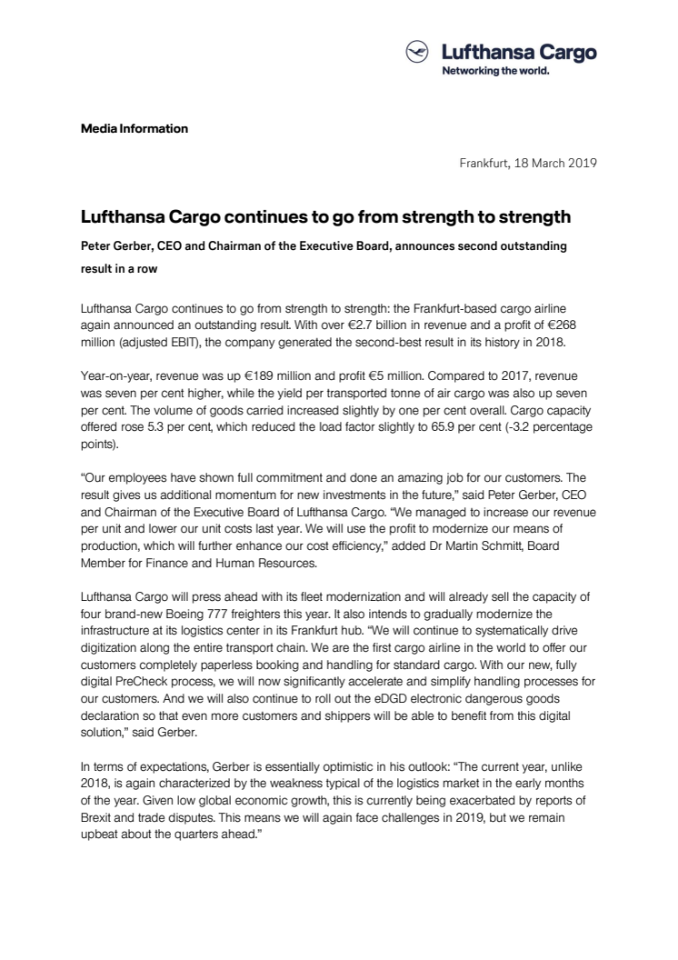 Lufthansa Cargo continues to go from strength to strength