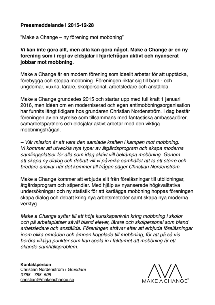 ”Make a Change – ny förening mot mobbning”