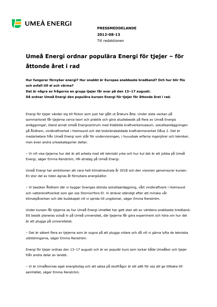 Umeå Energi ordnar populära Energi för tjejer – för åttonde året i rad