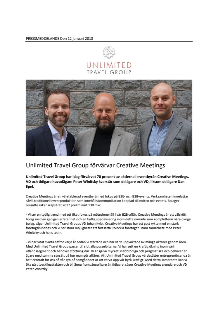 Unlimited Travel Group förvärvar Creative Meetings