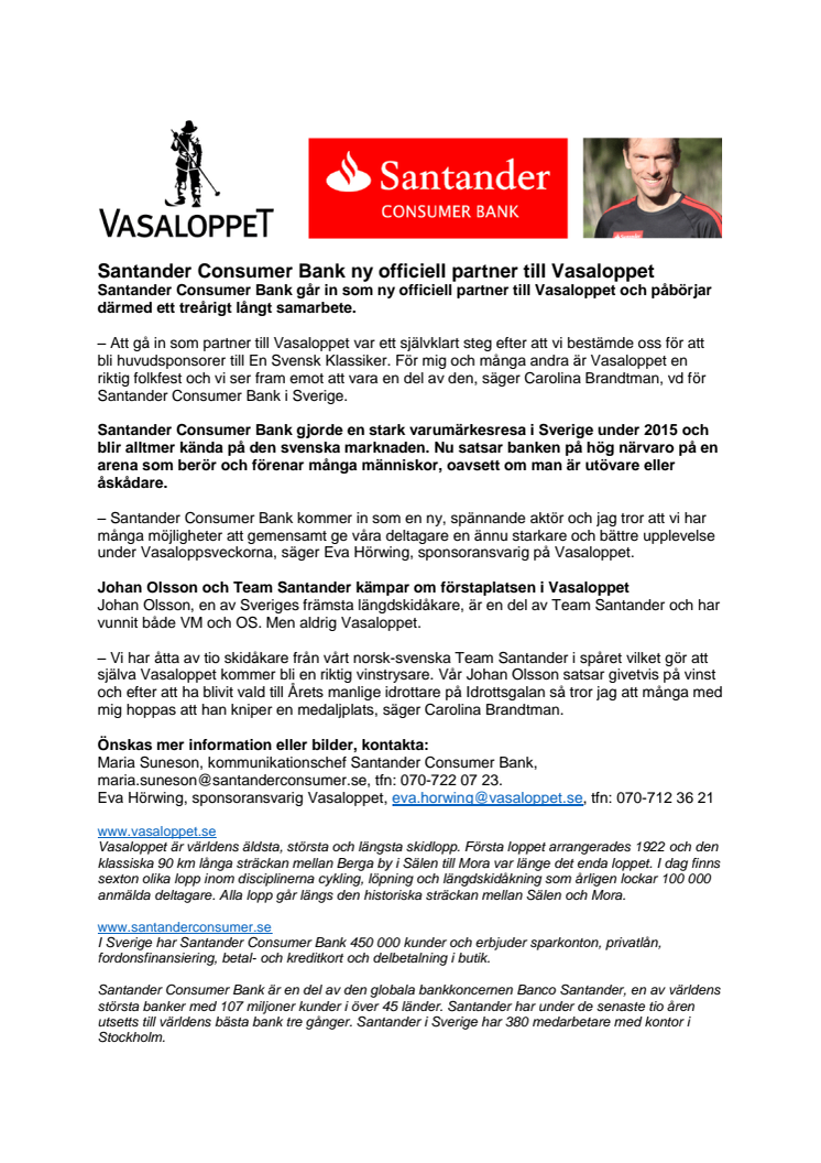 Santander Consumer Bank ny officiell partner till Vasaloppet