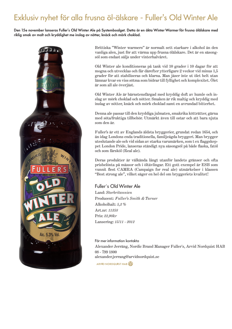 Exklusiv nyhet för alla frusna öl-älskare - Fuller's Old Winter Ale