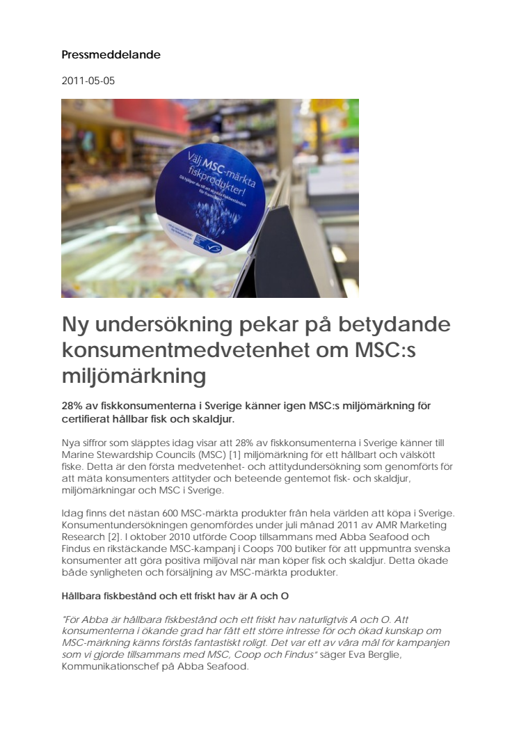 Ny undersökning pekar på betydande konsumentmedvetenhet om MSC:s miljömärkning