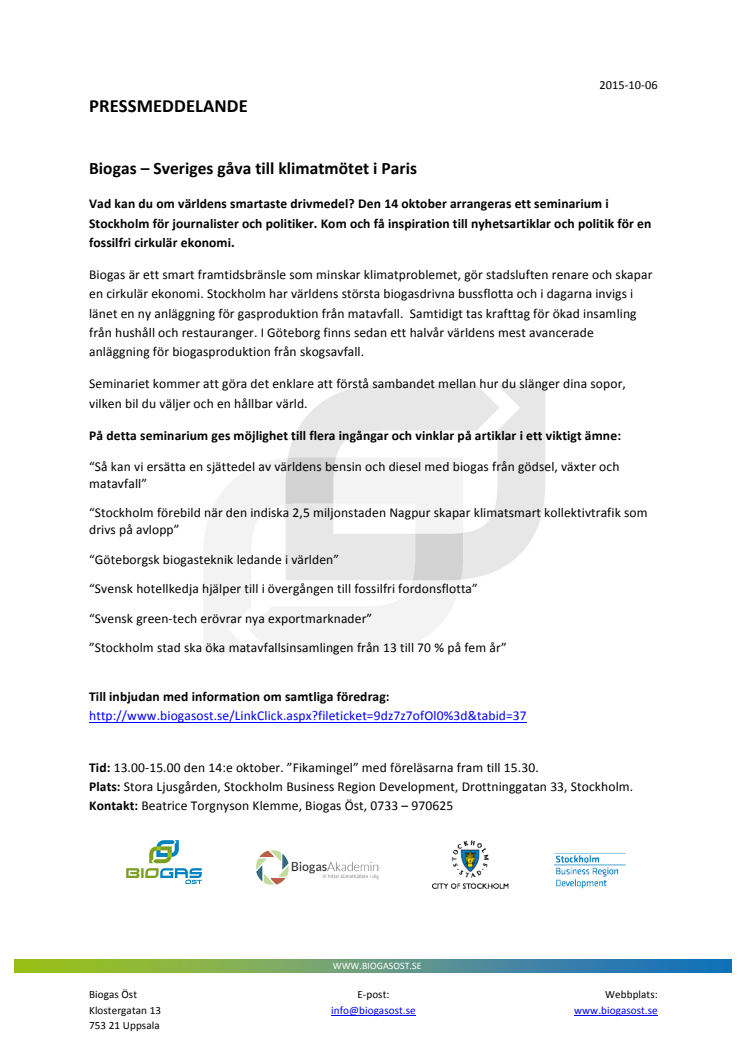 Seminarium: Biogas - Sveriges gåva till klimatmötet i Paris