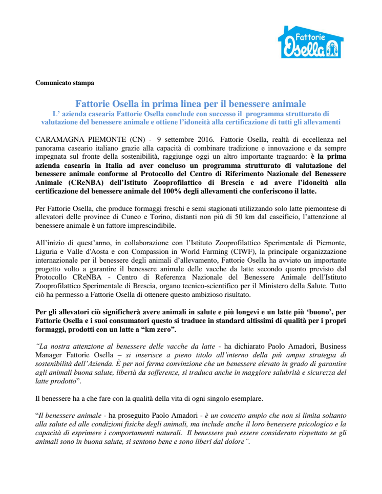 Fattorie Osella in prima linea per il benessere animale