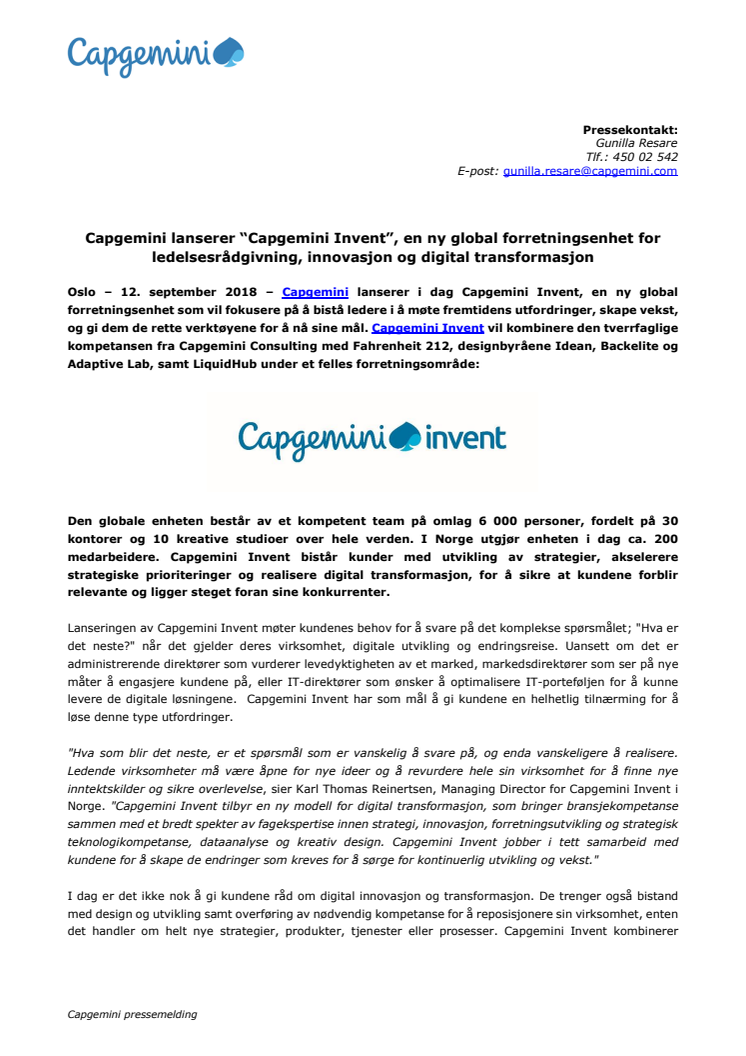 Capgemini lanserer “Capgemini Invent”, en ny global forretningsenhet for ledelsesrådgivning, innovasjon og digital transformasjon