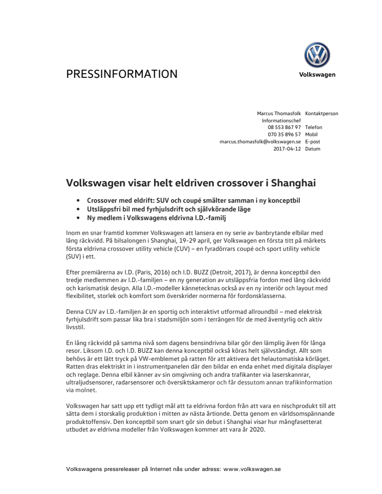 Volkswagen visar helt eldriven crossover i Shanghai