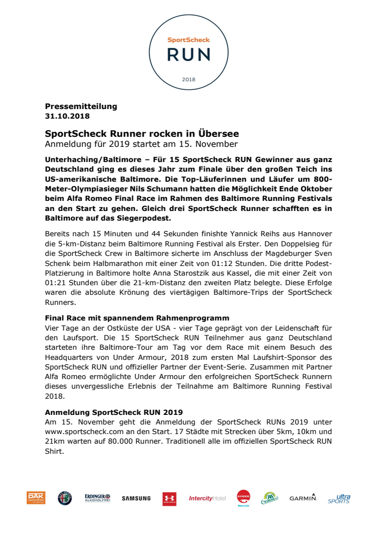 Pressemitteilung: SportScheck Runner rocken in Übersee - Anmeldung für 2019 startet am 15. November