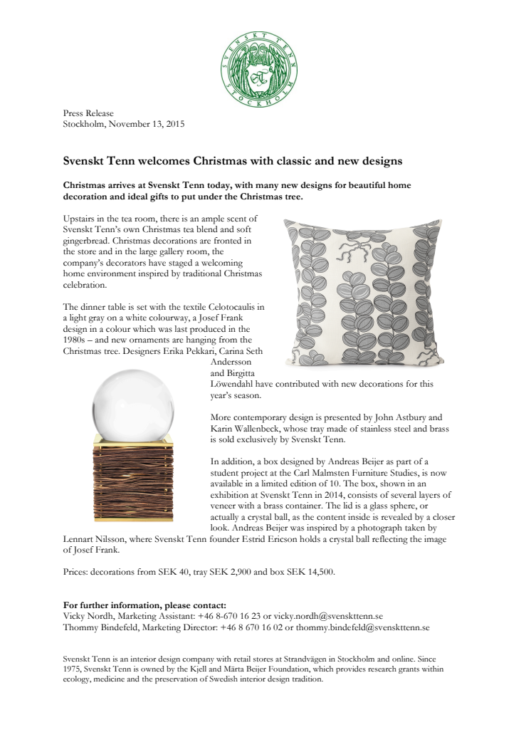 Svenskt Tenn welcomes Christmas with classic and new designs