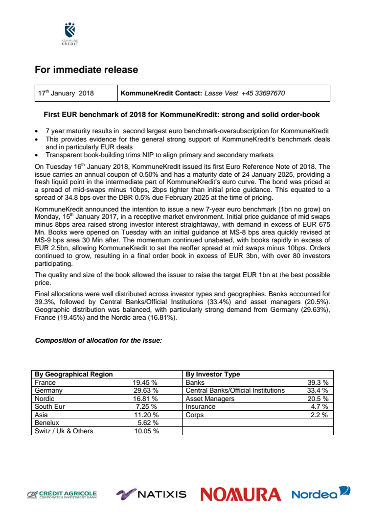 KommuneKredit issues a new 7-year EUR benchmark