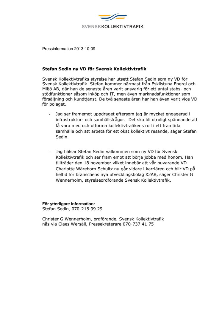 Stefan Sedin ny VD för Svensk Kollektivtrafik
