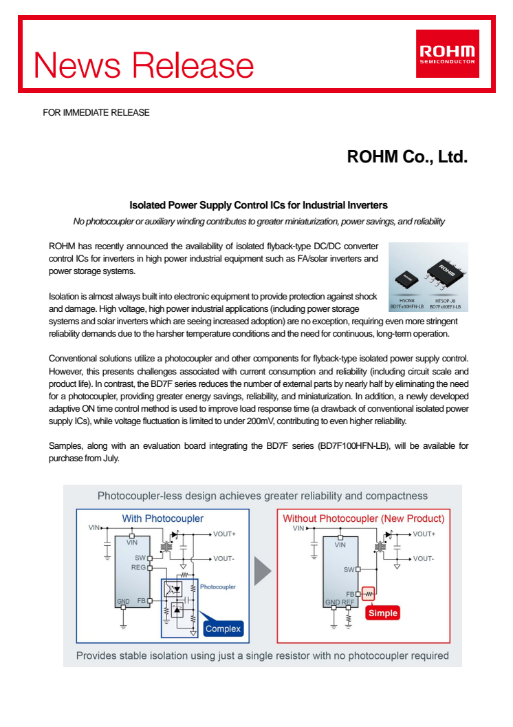 Isolated Power Supply Control ICs for Industrial Inverters---No photocoupler or auxiliary winding contributes to greater miniaturization, power savings, and reliability