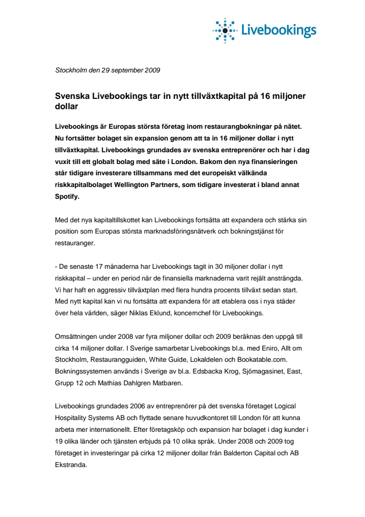 Svenska Livebookings tar in nytt tillväxtkapital på 16 miljoner dollar