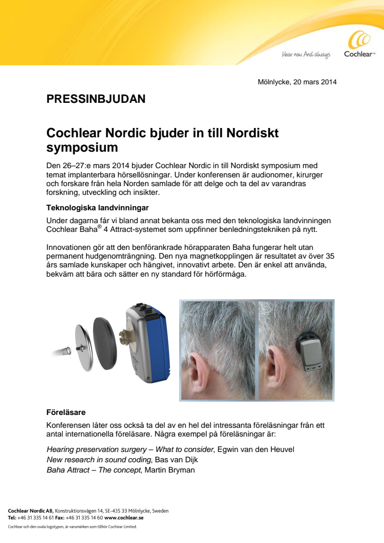 PRESSINBJUDAN - Cochlear Nordic bjuder in till Nordiskt symposium