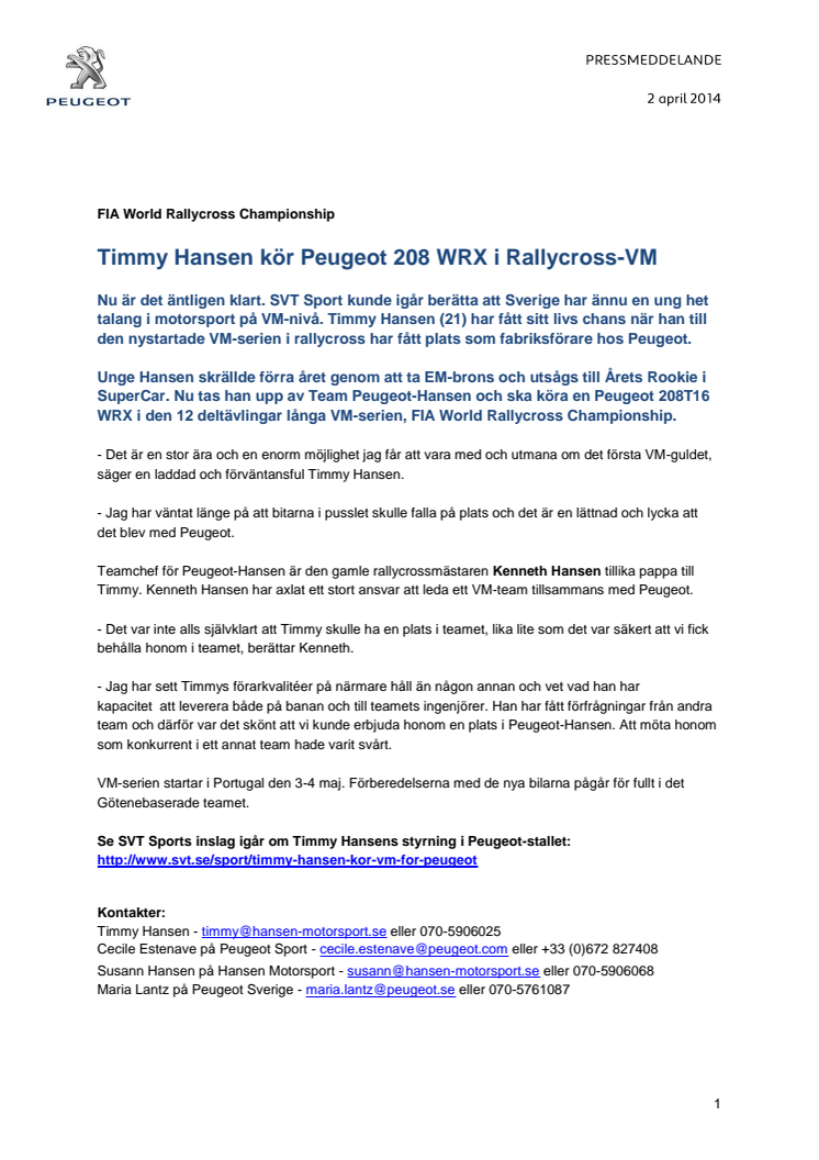 Timmy Hansen kör Peugeot 208 WRX i Rallycross-VM