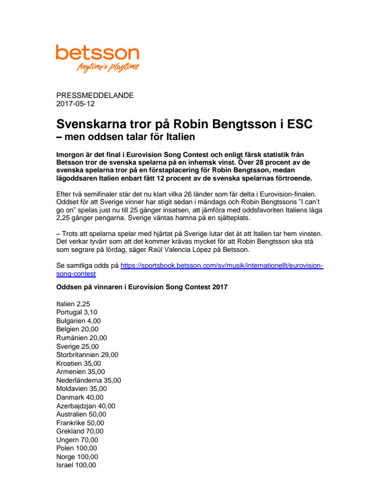 Svenskarna tror på Robin Bengtsson i ESC  – men oddsen talar för Italien