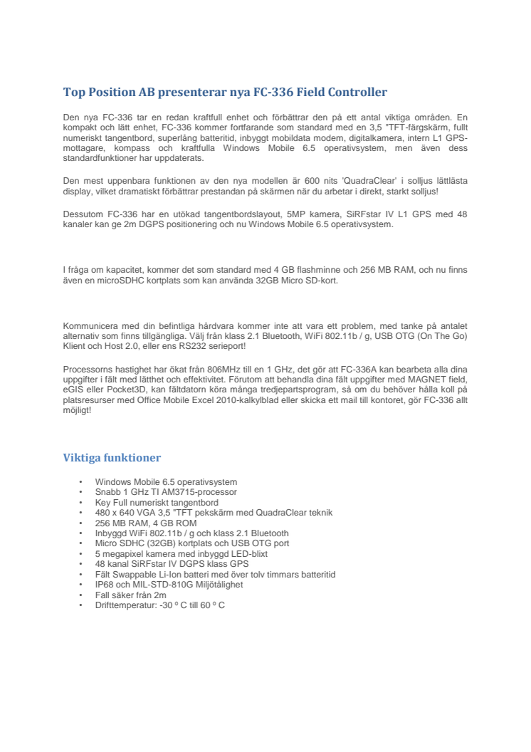 Top Position AB presenterar nya FC-336 Field Controller 