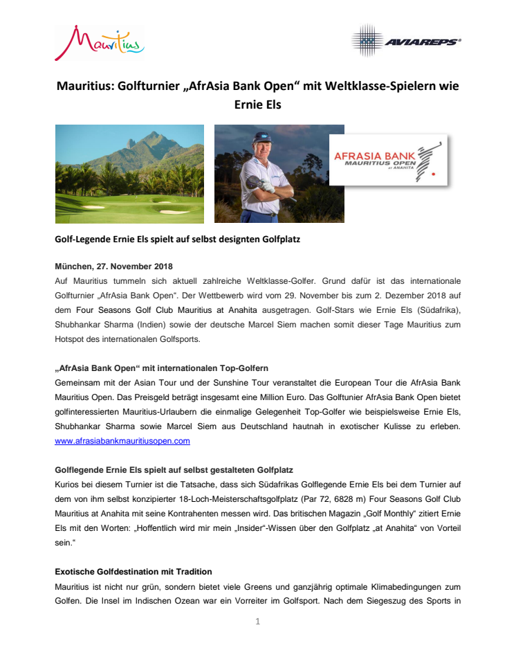 Mauritius: Golfturnier „AfrAsia Bank Open“ mit Weltklasse-Spielern wie Ernie Els