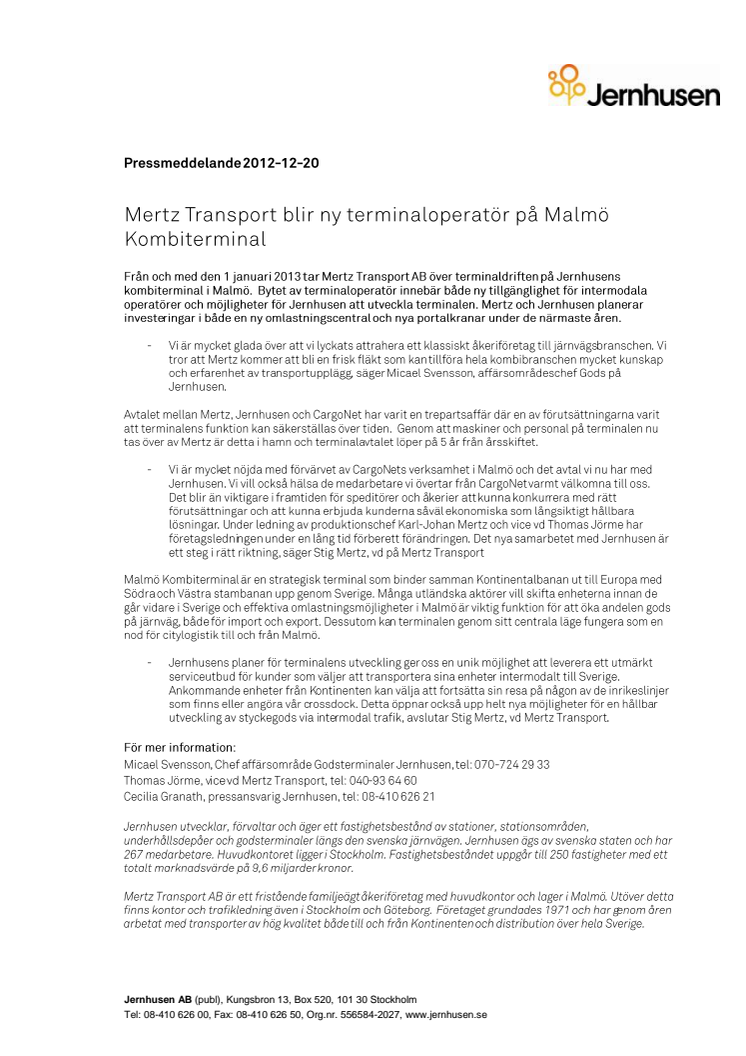 Mertz Transport blir ny terminaloperatör på Malmö Kombiterminal 
