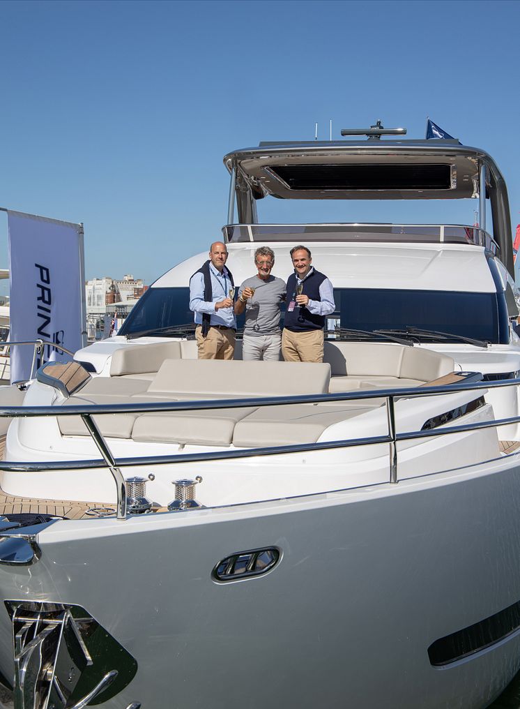 High res image - PMYS - Eddie Jordan with Princess Yachts CEO Antony Sheriff and Chief Operations Officer Paul Mackenzie at the Southampton Boat Show 2019