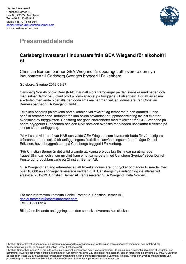 Carlsberg investerar i indunstare från GEA Wiegand för alkoholfri öl