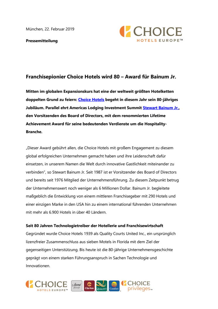 Franchisepionier Choice Hotels wird 80 – Award für Bainum Jr. 